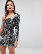 Asos One Shoulder Animal Sequin Mini Dress - Silver