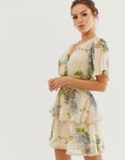 Asos Design Mini Dress With Smocking Detail And Double Layer Skirt In Vintage Floral Print - Multi