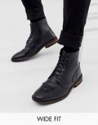 Asos Design Wide Fit Brogue Boots In Black Leather With Natural Sole