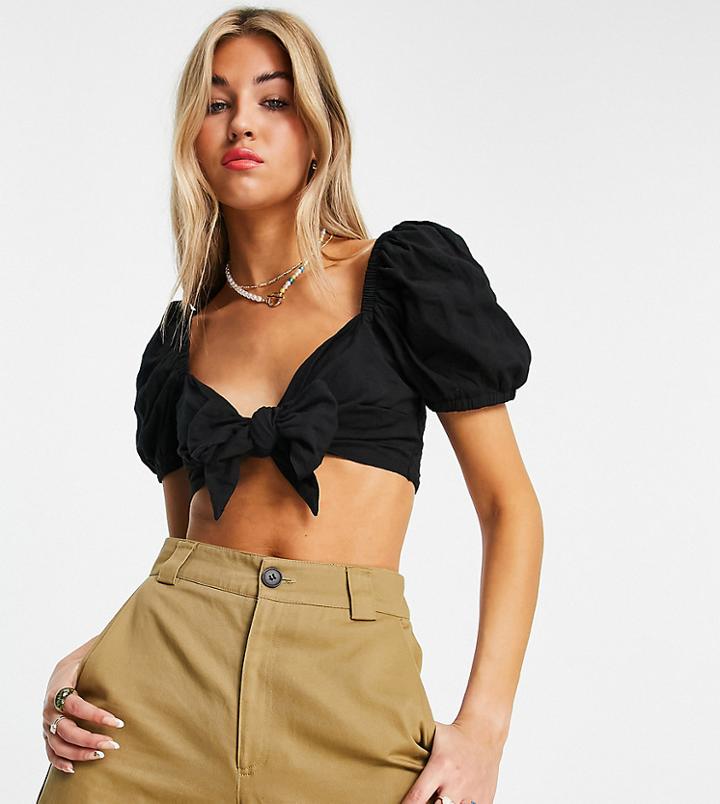 Collusion Organic Cotton Seersucker Tie Front Crop Top In Black - Part Of A Set