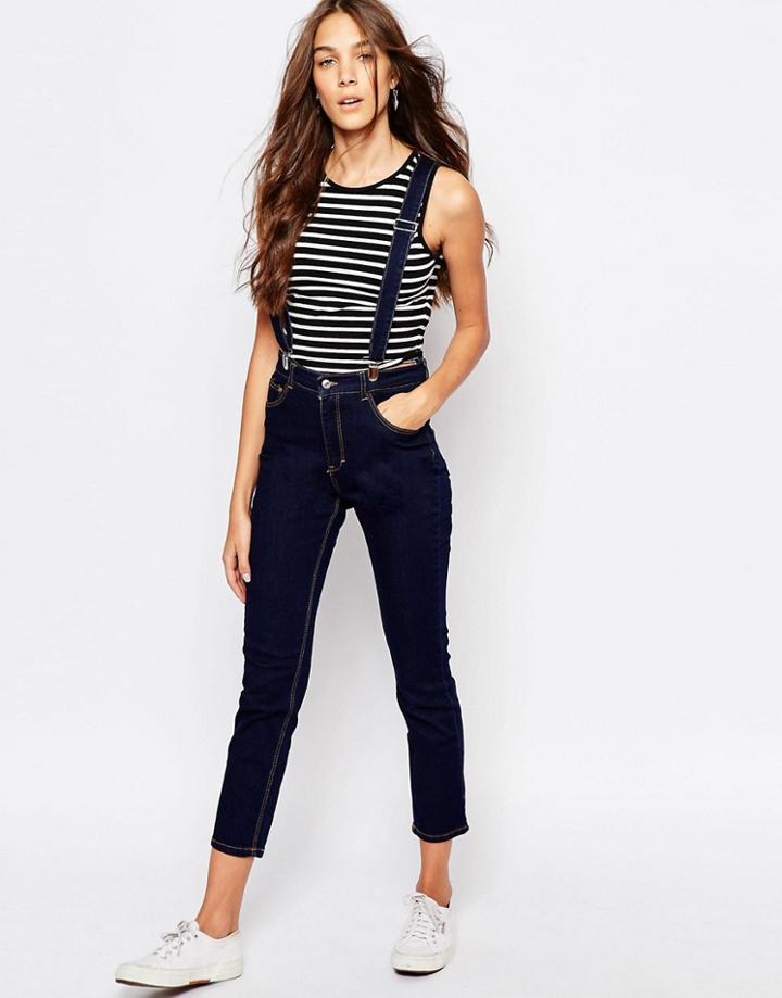 Pull & Bear Skinny Suspenders Jeans - Navy