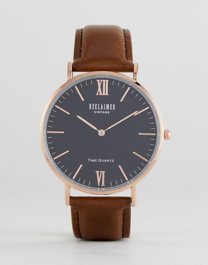 Reclaimed Vintage Inspired Roman Leather Watch In Brown - Black