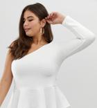 Asos Design Curve One Shoulder Top With Peplum Hem In Textured Fabric-white