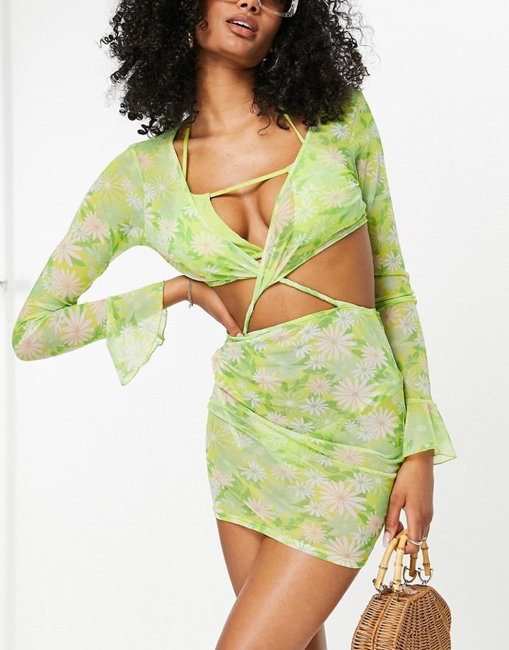 Asos Design Long Sleeve Cut Out Waist Mesh Beach Dress In Floral Print-multi