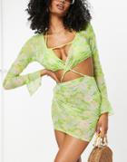 Asos Design Long Sleeve Cut Out Waist Mesh Beach Dress In Floral Print-multi