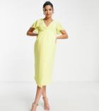 Tfnc Maternity Bridesmaid Chiffon Wrap Front Midi Dress With Flutter Sleeves In Lemon Yellow