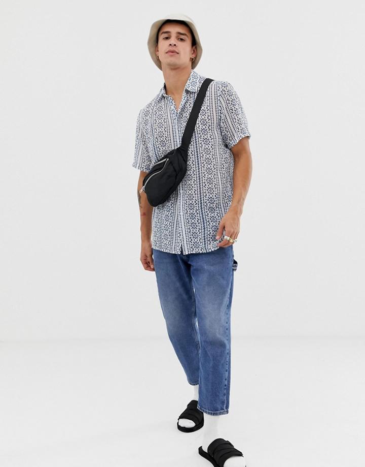Asos Design Regular Fit Sheer Shirt With Geo-tribal Stripe In Blue And White - White