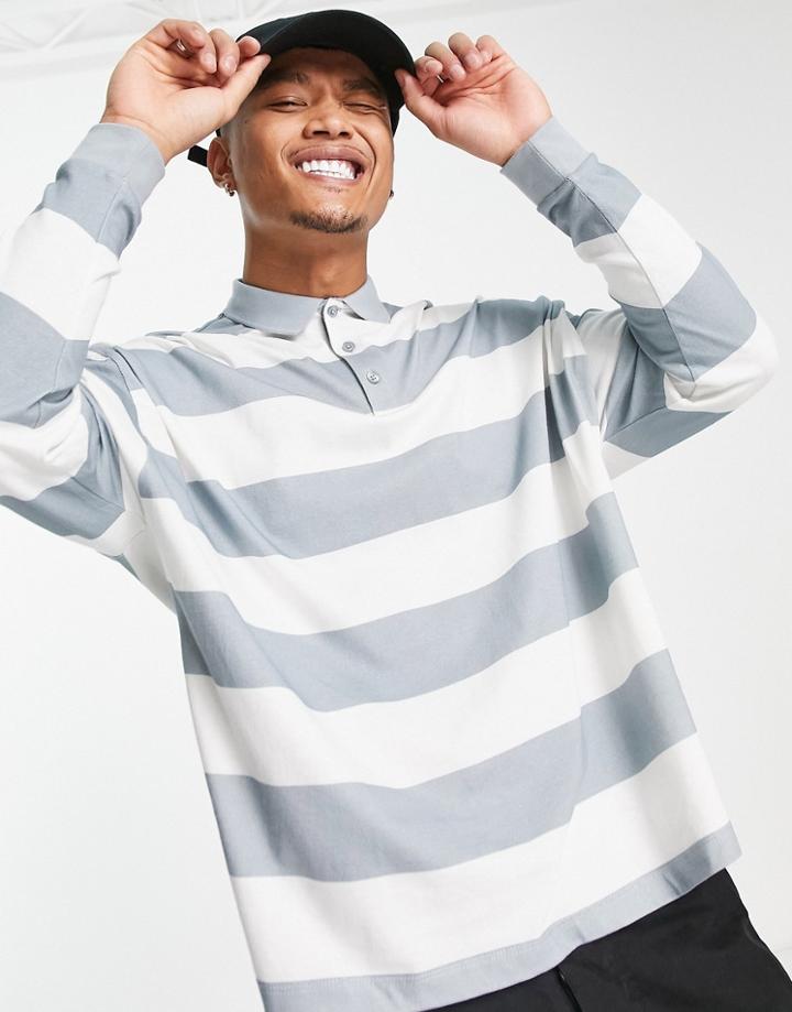 Asos Deign Oversized Polo T-shirt In Blue Stripe With Back Print-white