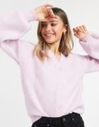 Asos Design Ribbed Button Front Cardigan With Balloon Sleeves In Pink