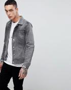 Allsaints Denim Jacket In Gray Wash With Cord Collar - Gray