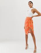 4th & Reckless Wrap Chain Print Knot Front Skirt In Orange - Multi
