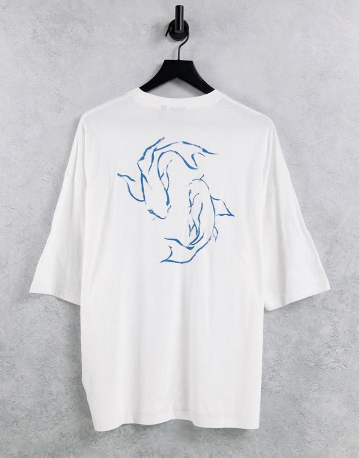 Asos Design Oversized T-shirt In White With Line Drawing Fish Back Print