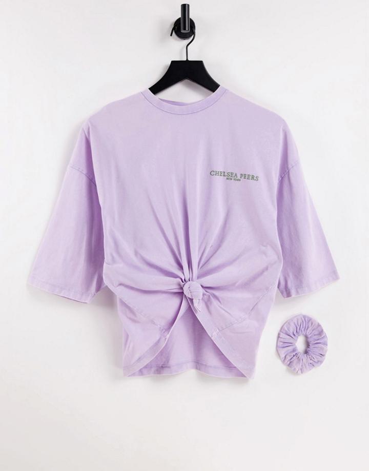 Chelsea Peers Cotton Acid Wash Crop Knot Front Tee With Scrunchie In Lilac - Purple