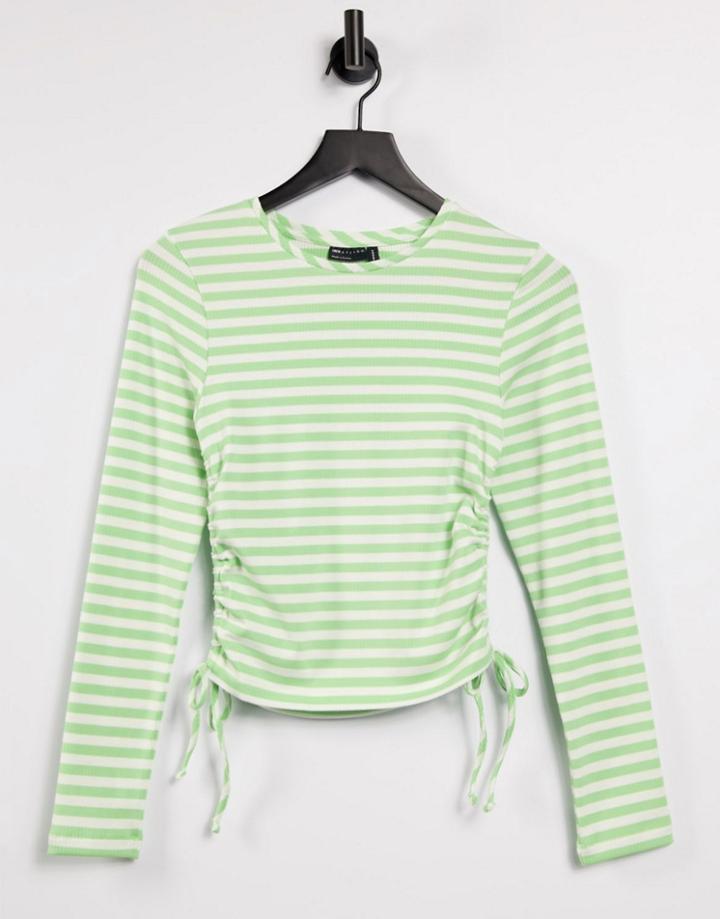 Asos Design Fitted Ruched Side Top In Green Stripe