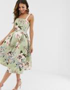 Asos Design Floral Tie Strap Prom Midi Dress-green