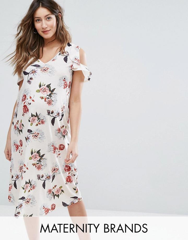 Bluebelle Maternity Floral Dress With Ruffle Shoulder - Pink