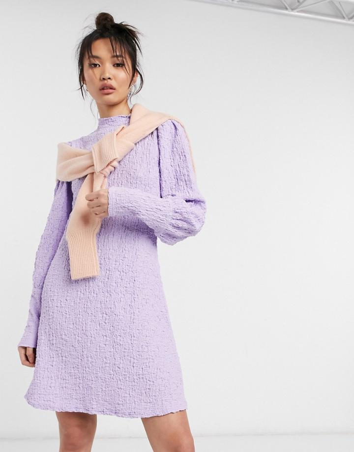 Y.a.s Textured Mini Swing Dress With Deep Cuffs And High Neck In Lilac-purple