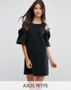 Asos Petite Denim Peep Shoulder Shift Dress With Bow Detail - Black