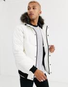 Asos Design Puffer Bomber Jacket In White With Fur Hood