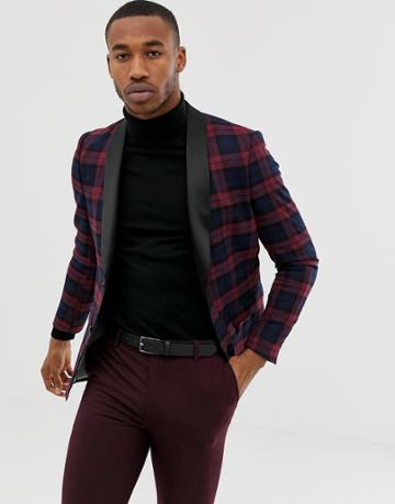 Avail London Skinny Plaid Tuxedo Jacket In Burgundy - Red