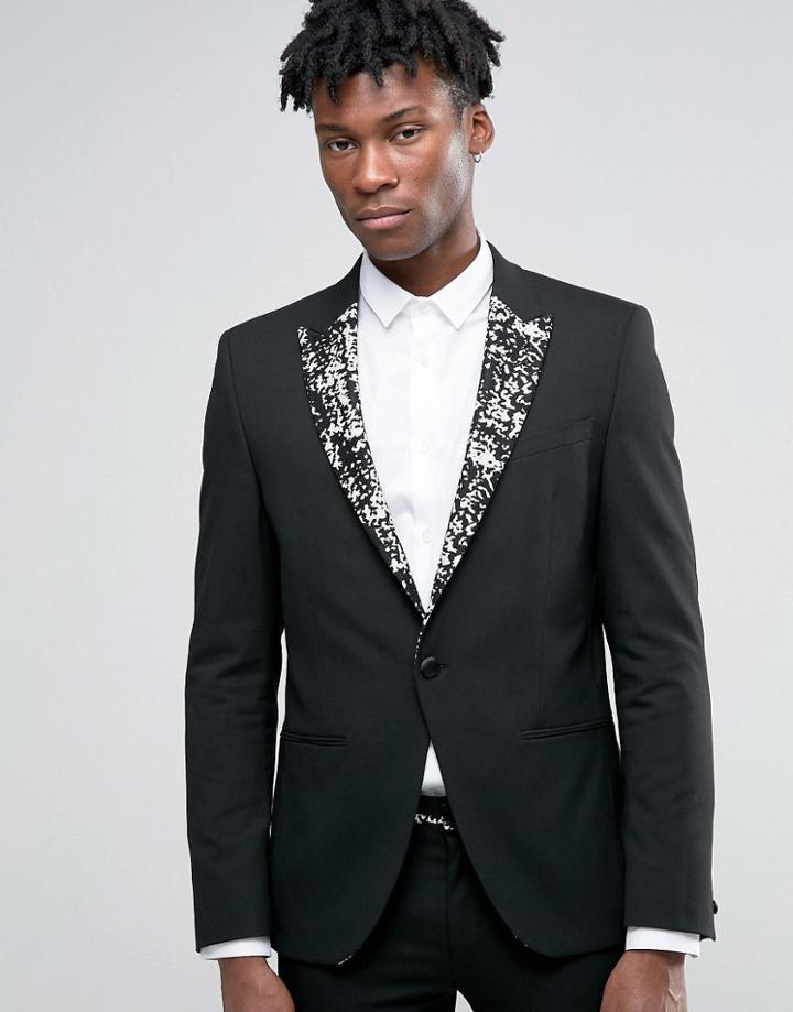 Asos Super Skinny Suit Jacket With Black And Gold Lapel - Black