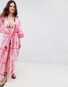 Asos Design Tie Dye Tassel Trim Maxi Beach Kimono - Pink