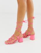 Public Desire Freya Bright Pink Ankle Tie Mid Heeled Sandals - Pink