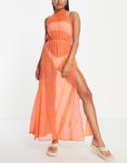Asos Design Halter Neck Sheer Beach Maxi Dress In Bright Marble Print-multi