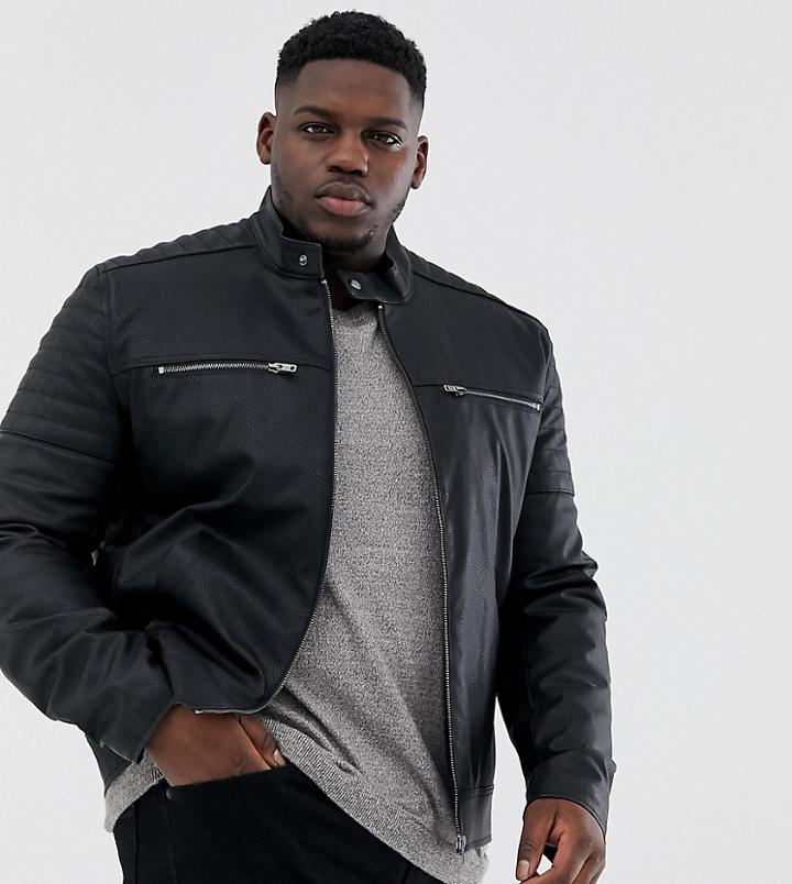 Asos Design Plus Faux Leather Jacket With Quilting - Black