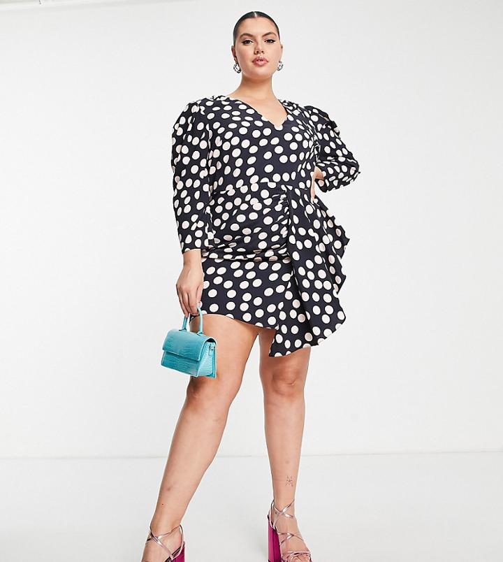 Asos Design Curve Asymmetric Drape Front Mini Dress In Spot Print-multi