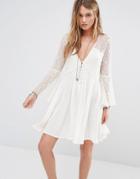 Kiss The Sky Button Front Smock Dress With Lace Panels - Cream