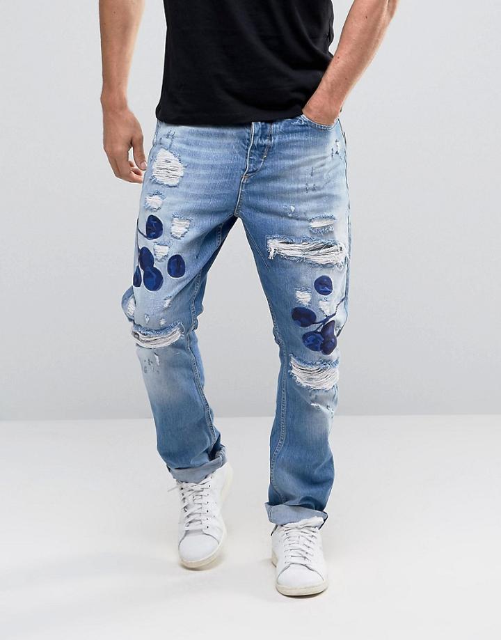 Scotch And Soda Embroidered Loose Fit Jeans - Blue