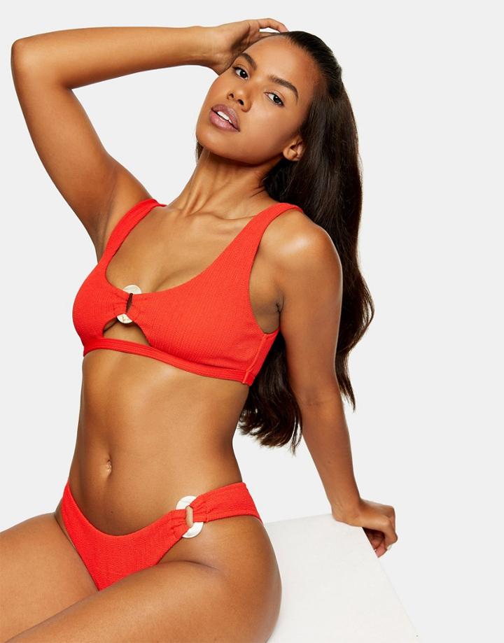 Topshop Ring Detail Cut-out Crop Bikini Top In Red