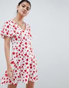 Asos Design Mini Tea Dress With Button Through In Heart Print - Multi