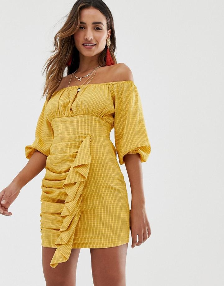 Skylar Rose Bardot Mini Dress With Ruffle Detail In Gingham-yellow