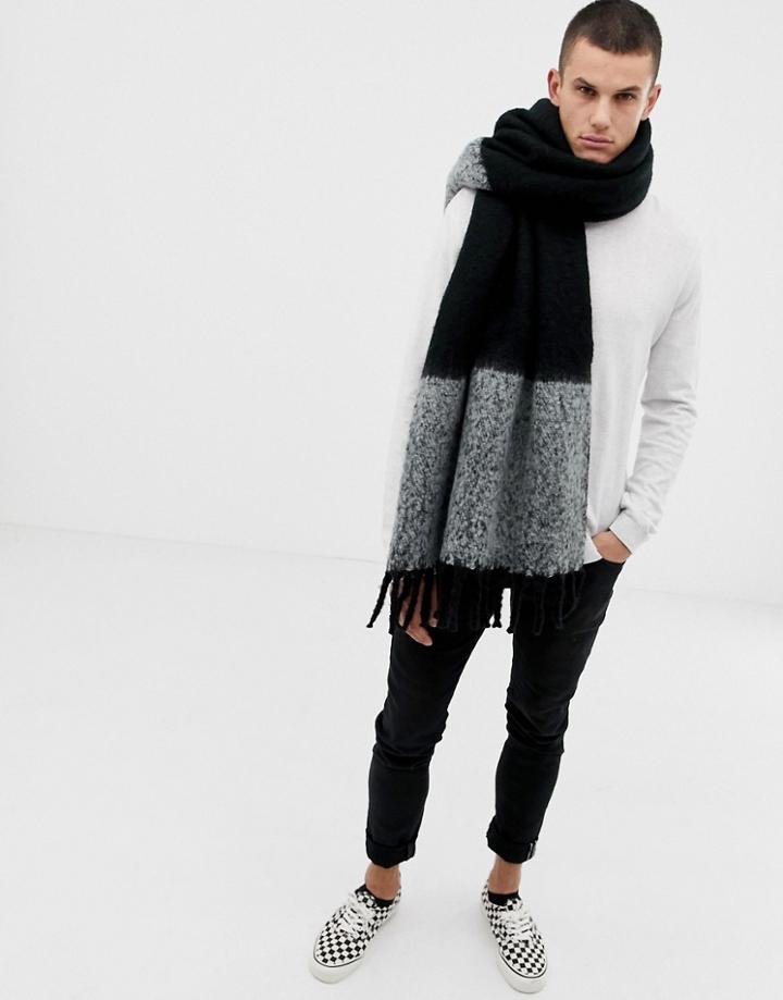 Asos Design Blanket Scarf In Black & Gray Texture - Black