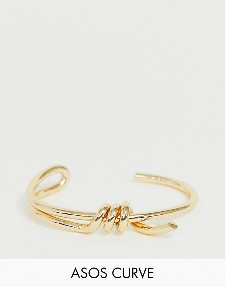 Asos Design Curve Cuff Bracelet With Statement Wire Wrap Design In Gold Tone - Gold
