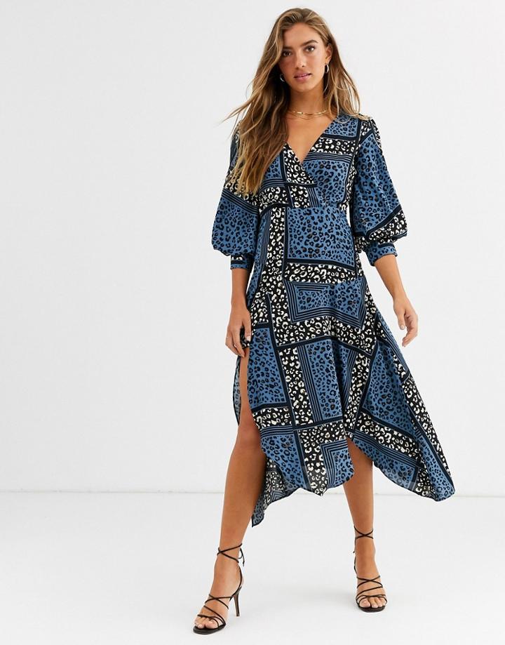 Liquorish Wrap Midi Dress With Hanky Hem In Mixed Animal Print-multi