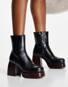 Asos Design Rowan Premium Leather Platform Heeled Boots In Black