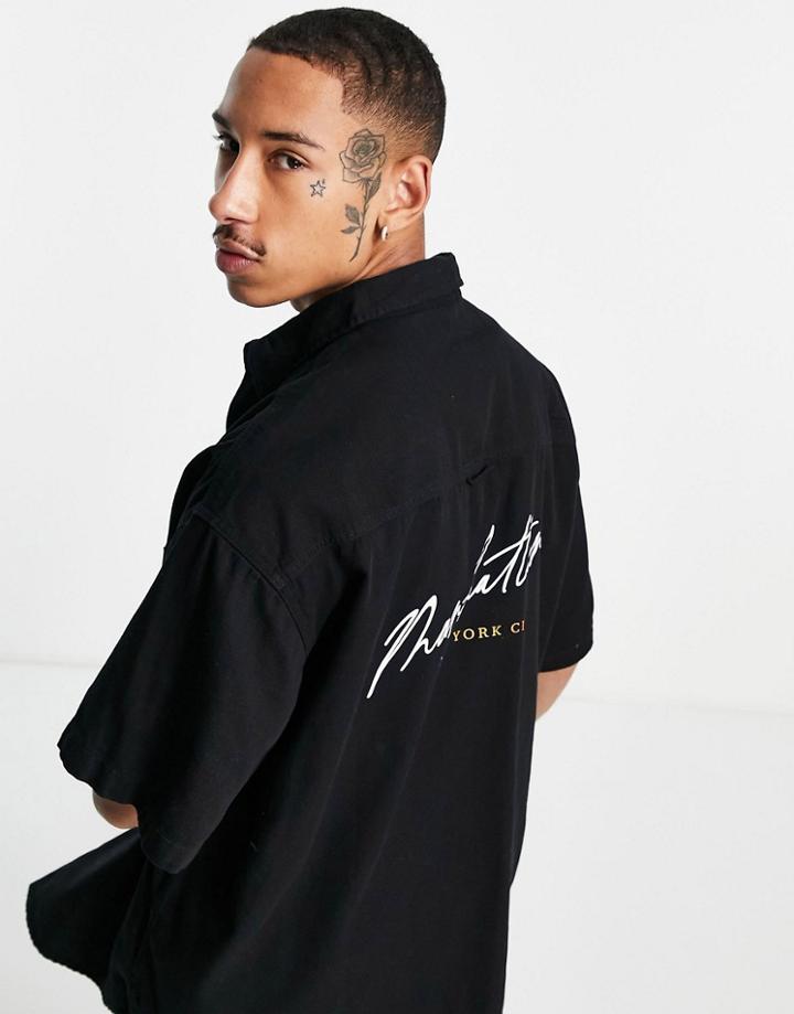 Asos Design Boxy Oversized Twill Shirt In Black With City Back Embroidery