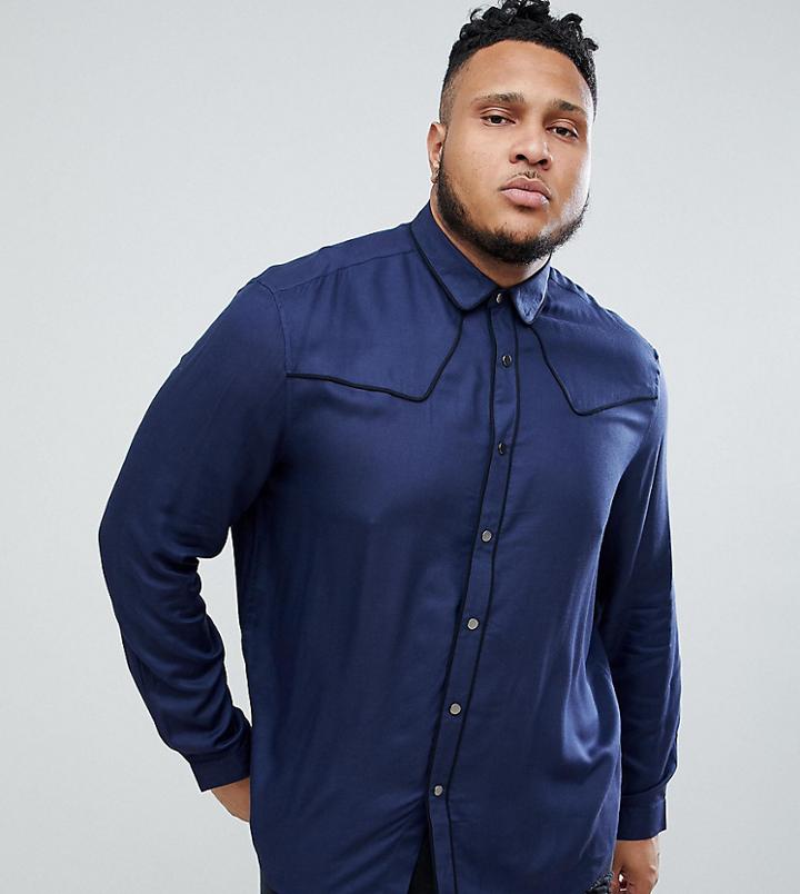 Asos Design Plus Regular Fit Western Viscose Shirt In Navy With Poppers - Navy