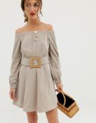Asos Design Off Shoulder Textured Mini Dress With Belt - Beige