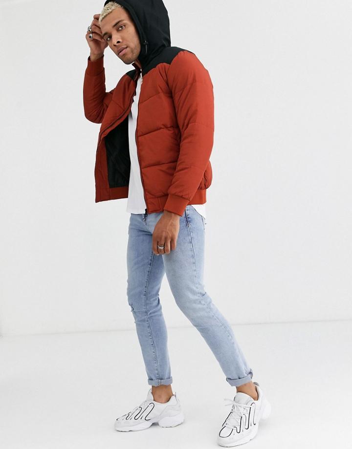 Only & Sons Hooded Quilted Padded Jacket In Dark Red