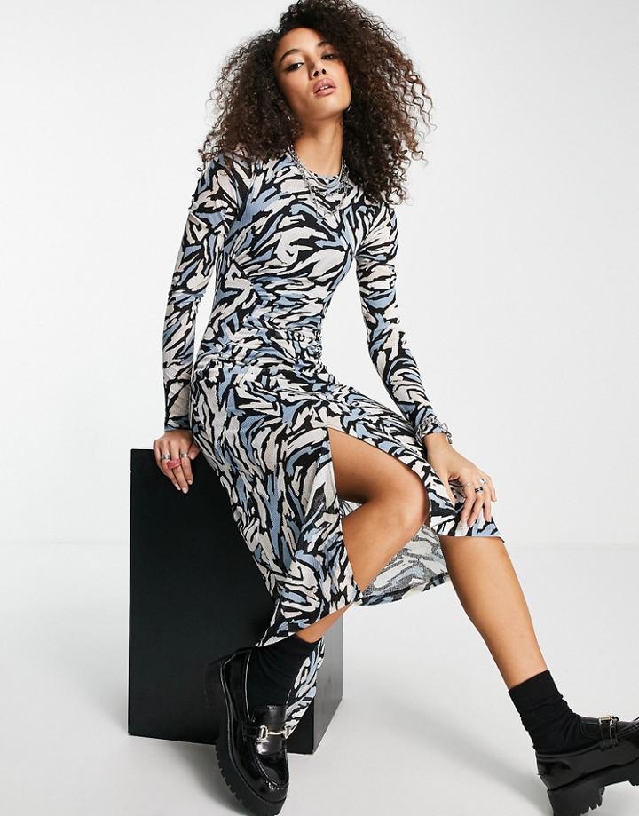 Topshop Ruched Mesh Midi Dress In Abstract Animal Print-multi