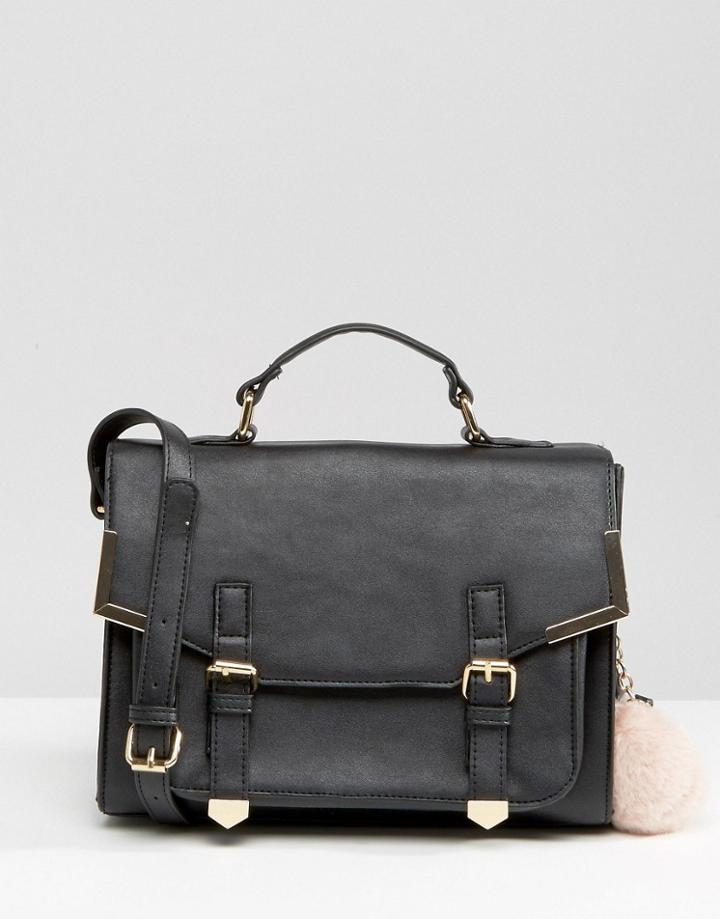 Asos Satchel Bag With Metal Corners And Pom - Black