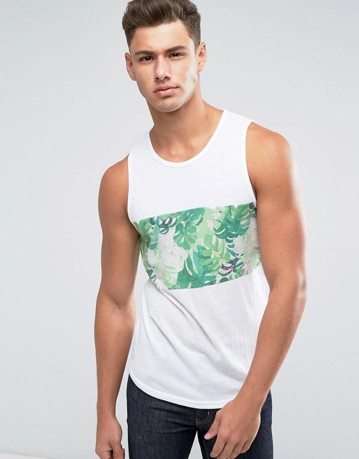 Solid Drop Armhole Tank With Printed Panel - White
