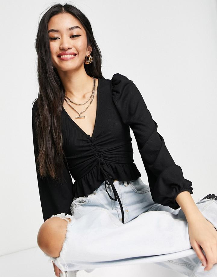 New Look Ruched Front Tie Detail Top In Black