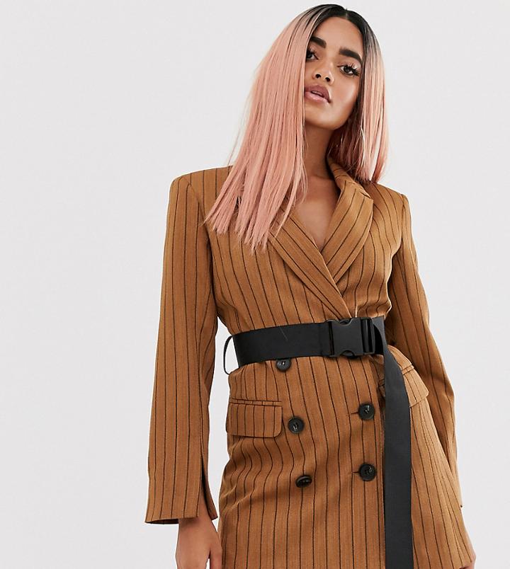 Asos Design Petite Brown Stripe Longline Seatbelt Blazer-multi