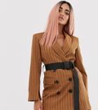 Asos Design Petite Brown Stripe Longline Seatbelt Blazer-multi