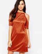 Ax Paris Cold Shoulder Dress In Suede Effect Fabric - Rust